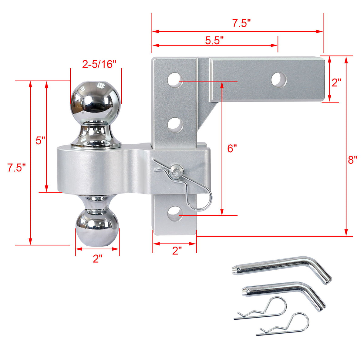 Alu - Adjustable Trailer Drop Hitch With 2" Receiver, 6" Adjustable - Silver