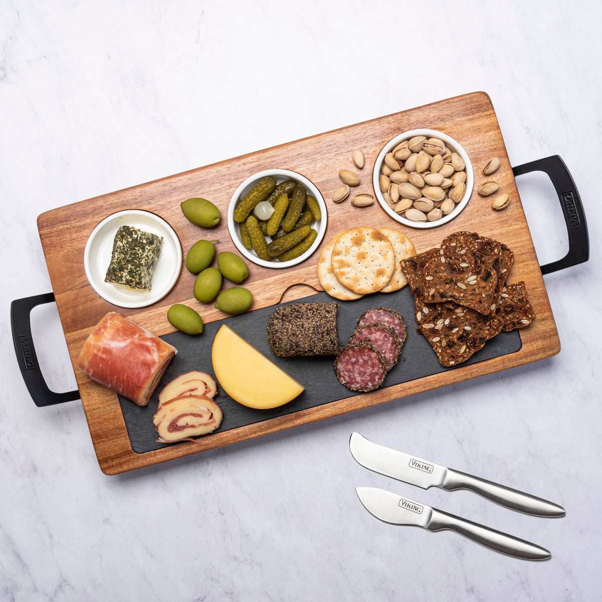 Viking - 7-piece Acacia Wood Slate Cheese Board-Charcuterie Set - Multicolor