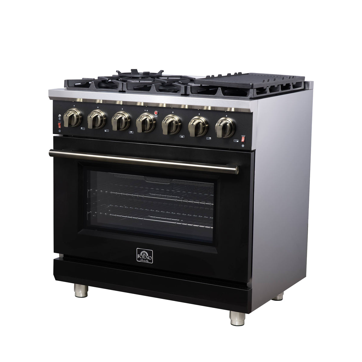 Forno Appliances - 36 in. Wide 6 Burner Massimo 5.36 Cu. Ft. Freestanding Gas Convection Range with Air Fryer Kit, Wok Support & Griddle - Black
