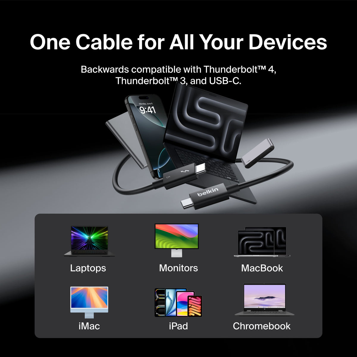 Belkin - 3.3ft USB-C Thunderbolt 5 Cable w/ 240W Power Delivery, Bandwidth Boost Up to 120Gbps, and 4K UHD Display Resolution - Black