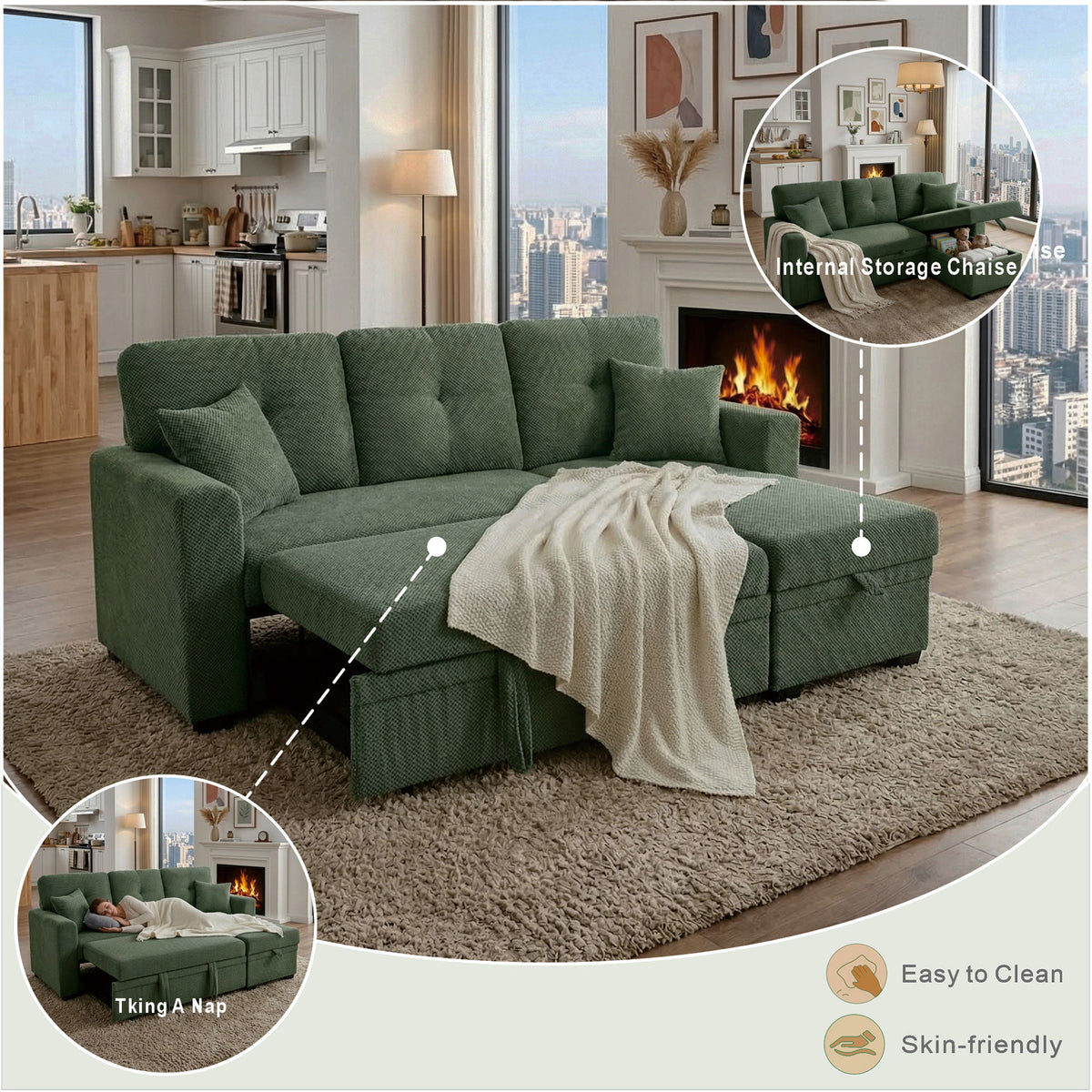 Sofá seccional cama con nido extraíble, chaiselongue reversible
