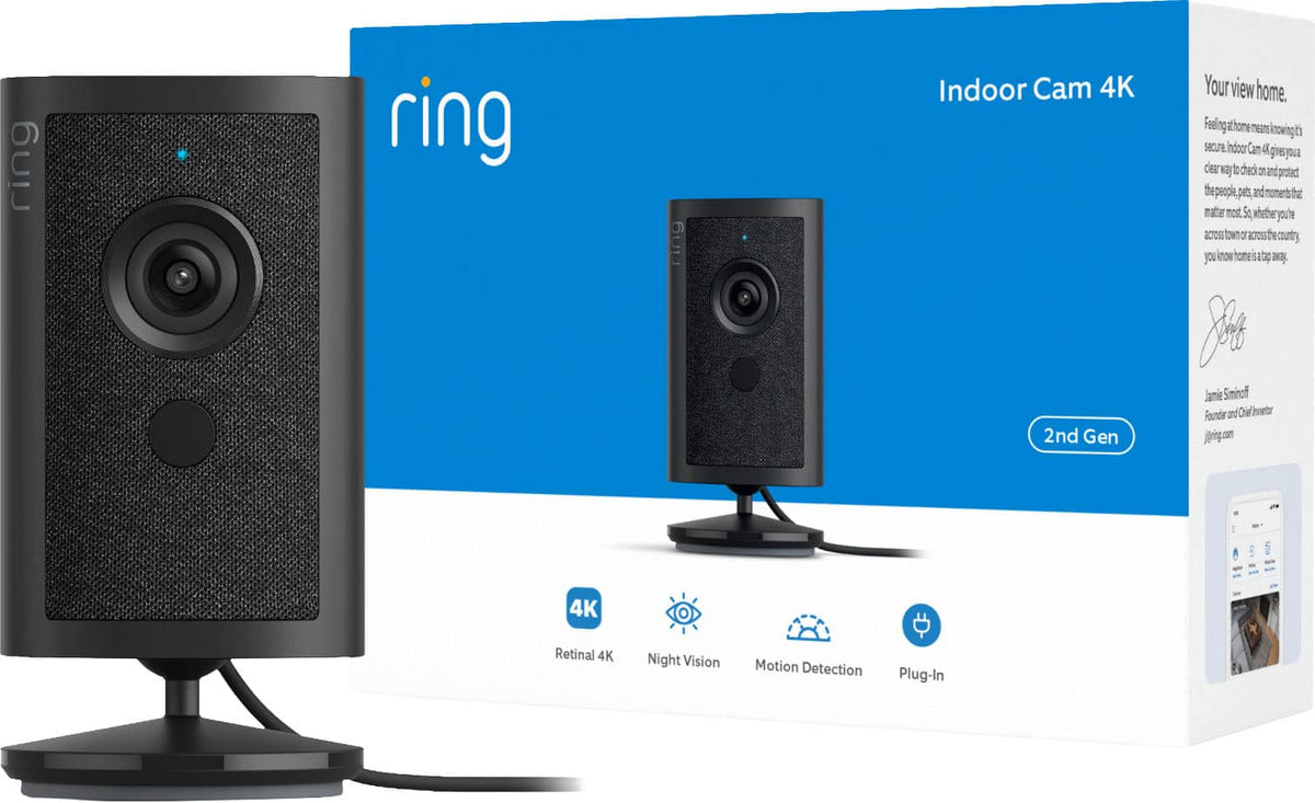 Ring - Smart Indoor Cam Retinal 4K, Plug-In, Auto HDR, color Night Vision in low light, home or business security - Black