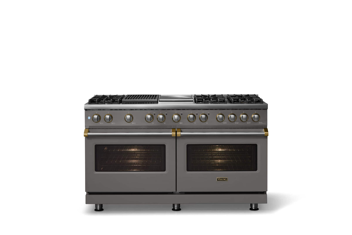 Viking - Pro 5 Series 9.4 Cu. Ft. Freestanding Sealed 8B LP DF Convection Range/Grdl/Grill - Damascus Gray w. Brushed Brass Trim - Damascus Gray