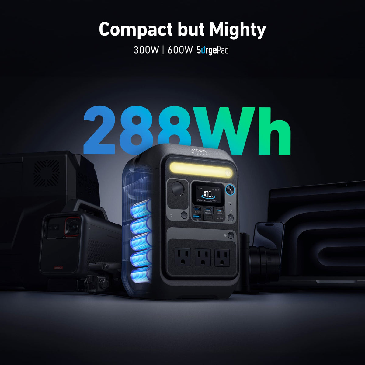 Anker - SOLIX C300X Portable Power Station 288Wh(90,000mAh)/Peak 600W Backup Battery Generator for Camping,Travel&Emergencies (288 Wh Capacity) - Black