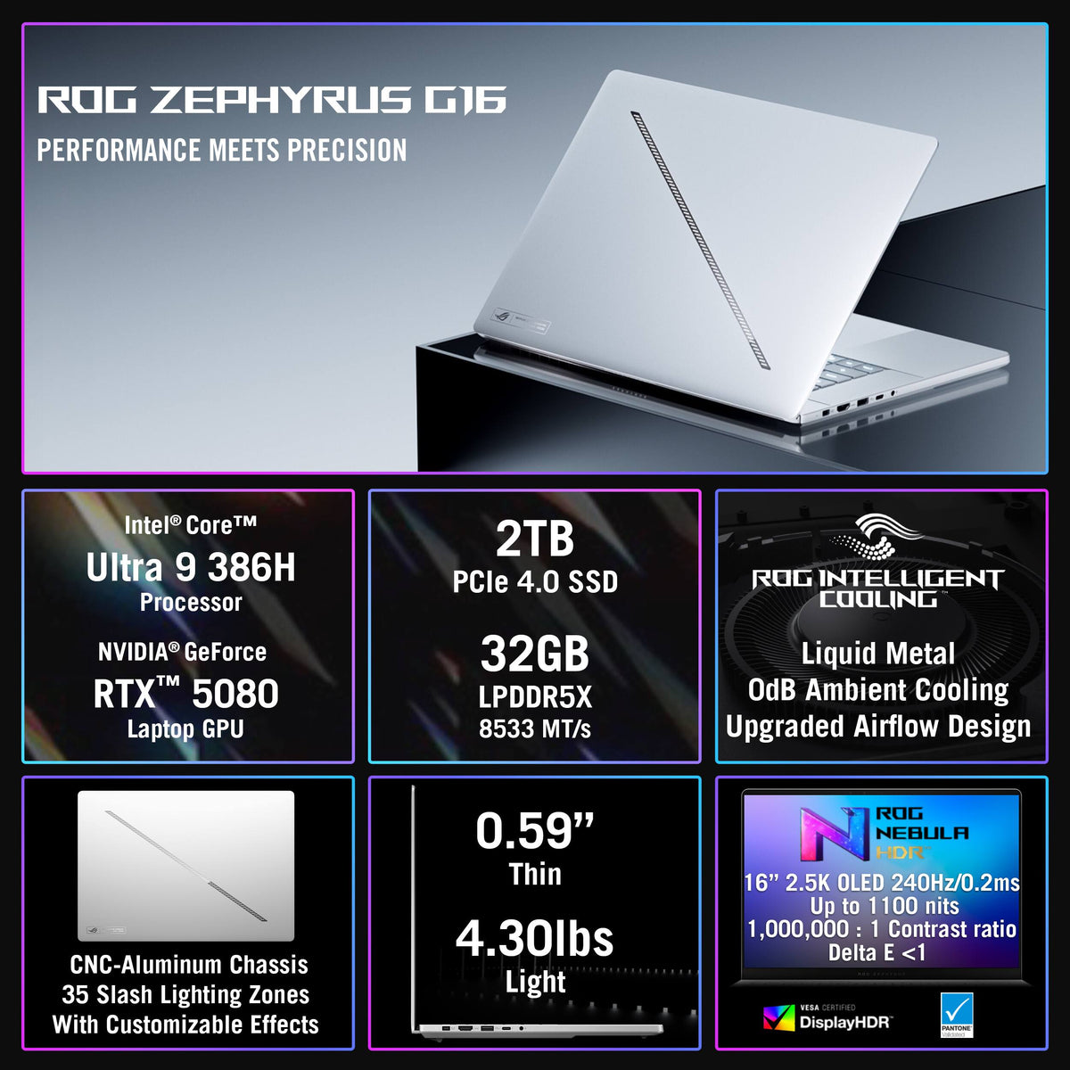 ASUS - ROG Zephyrus G16 (2026) 16" OLED 3K 240Hz Gaming Laptop - Intel Core Ultra 9 386H - RTX 5080 - 64GB RAM - 1TB SSD - Platinum White