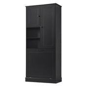 Armario alto moderno con estantes ajustables, cesta extraíble y puertas cerradas