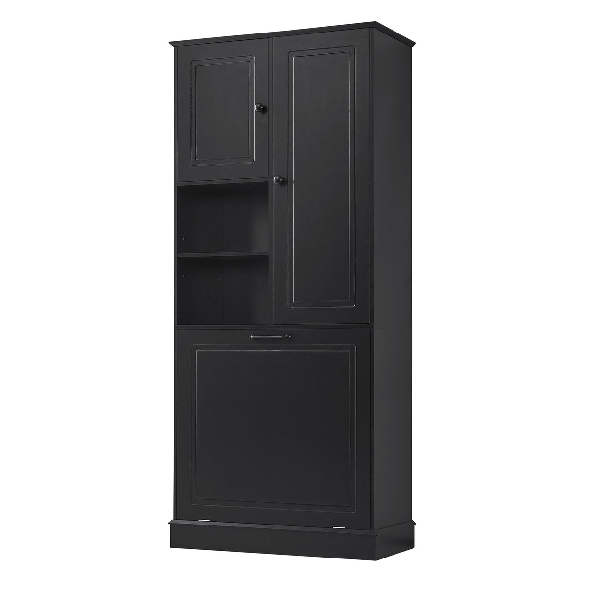 Armario alto moderno con estantes ajustables, cesta extraíble y puertas cerradas