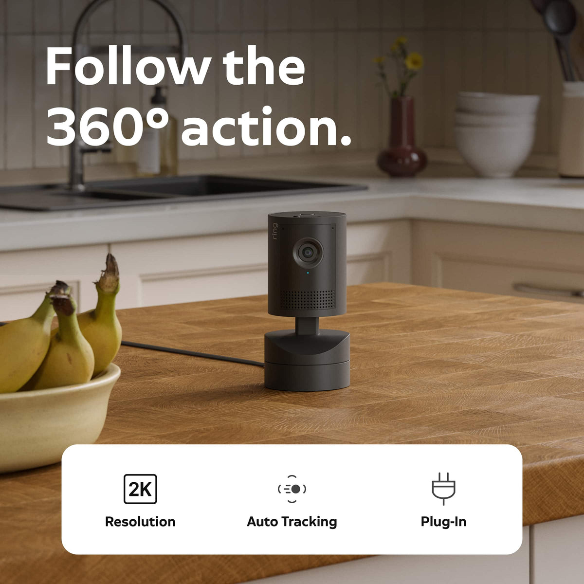 Ring - Smart Pan-Tilt Indoor Cam,Retinal 2K Video,Plug-In, 360°Coverage, Auto Tracking, 6x Zoom, home or business security - Black