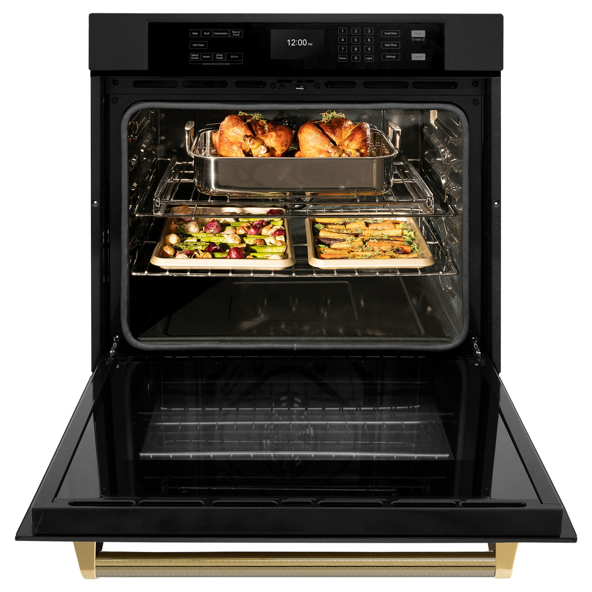ZLINE - Autograph 30 in. True Convection Single Wall Oven in Black Steel with Gold Helix Handle (WASBZ-30-KG) - Black Stainless Steel