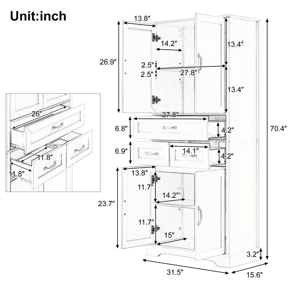 Armario alto de baño con 4 puertas, 3 cajones y estantes ajustables - Blanco