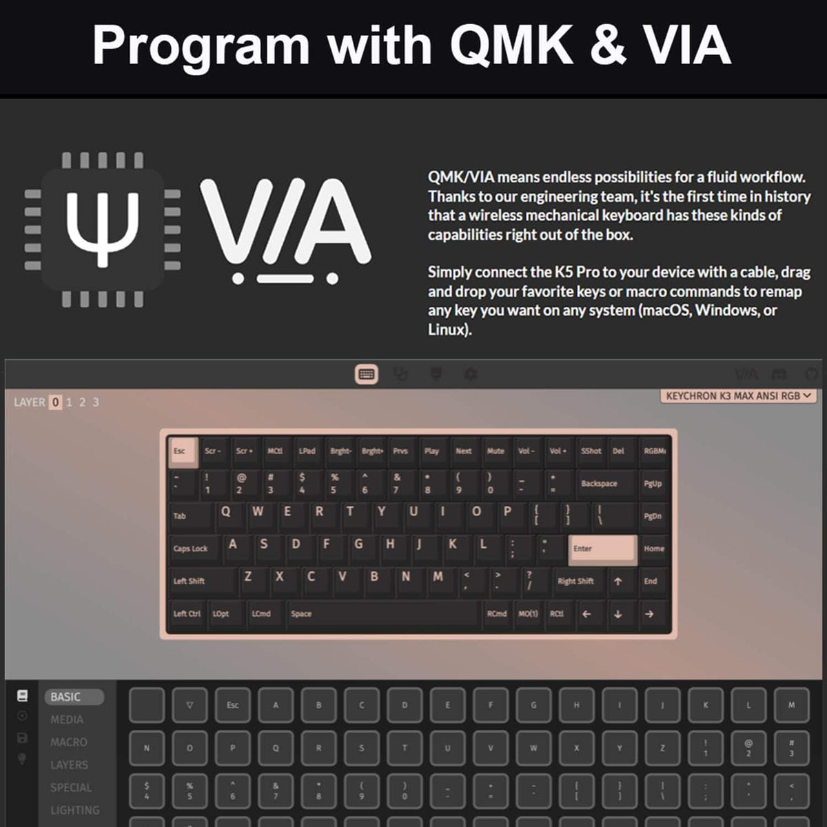 Keychron - K3 Max 75% Custom Wireless RGB Mechanical Keyboard with Programmable QMK/VIA Hot-Swappable Red Switch - Black