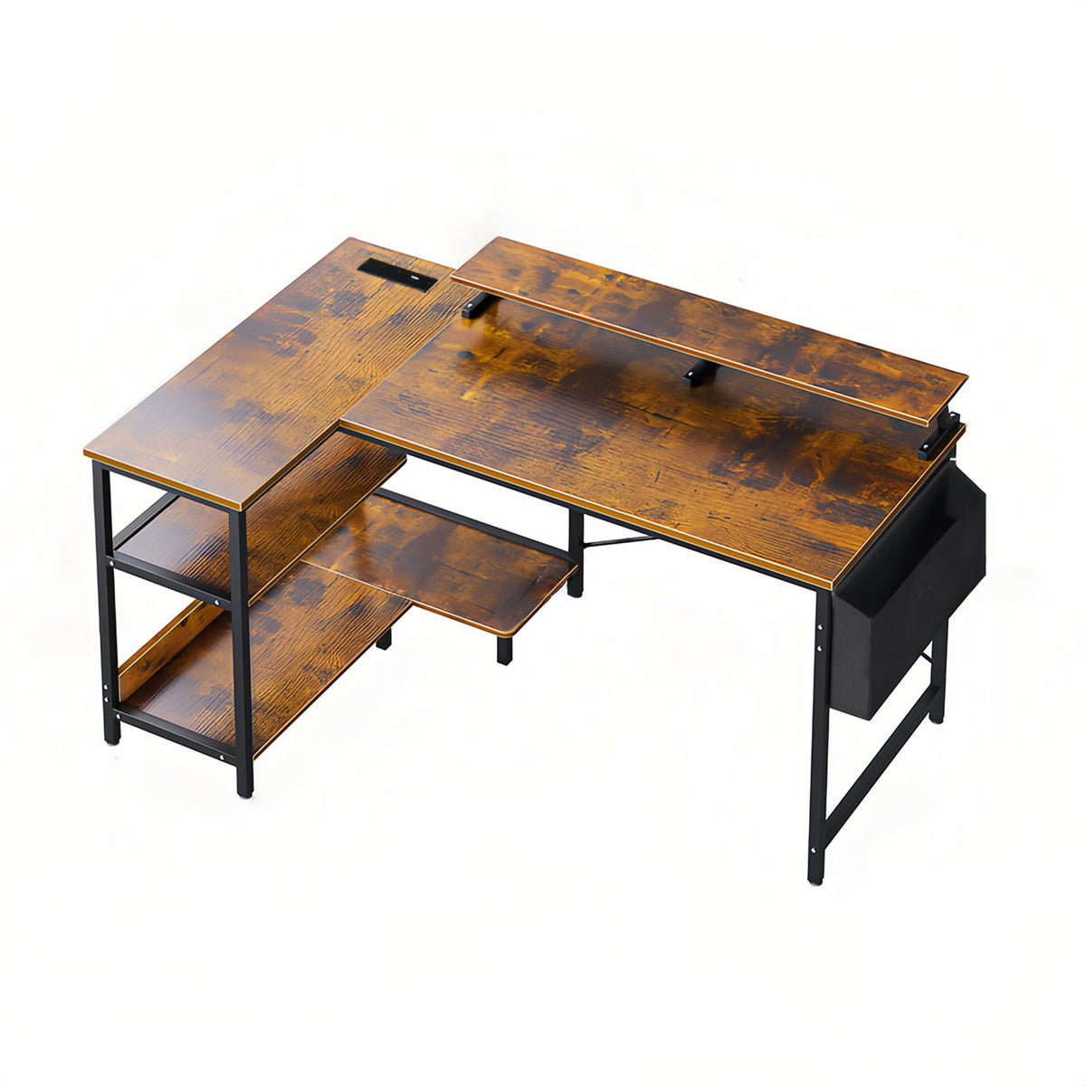 L-Shaped Gaming Desk With Power Outlets, Monitor Stand & Storage Shelves, Reversible Corner Workstation - Black / Brown