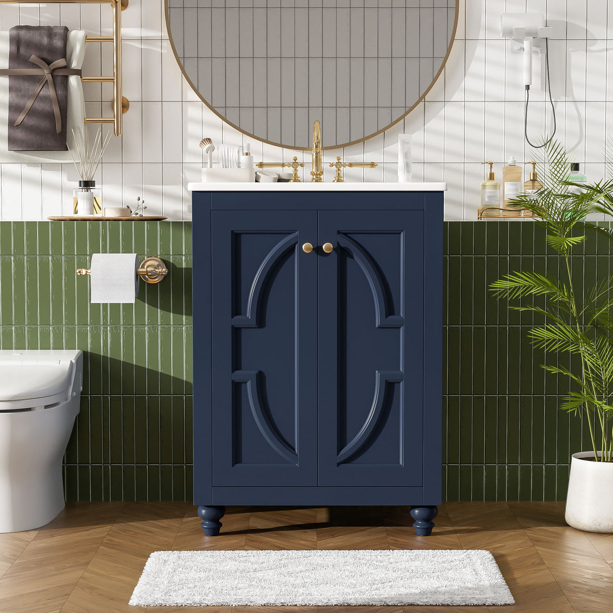Tocador de baño con motivo elíptico ornamentado, bisagras de cierre suave