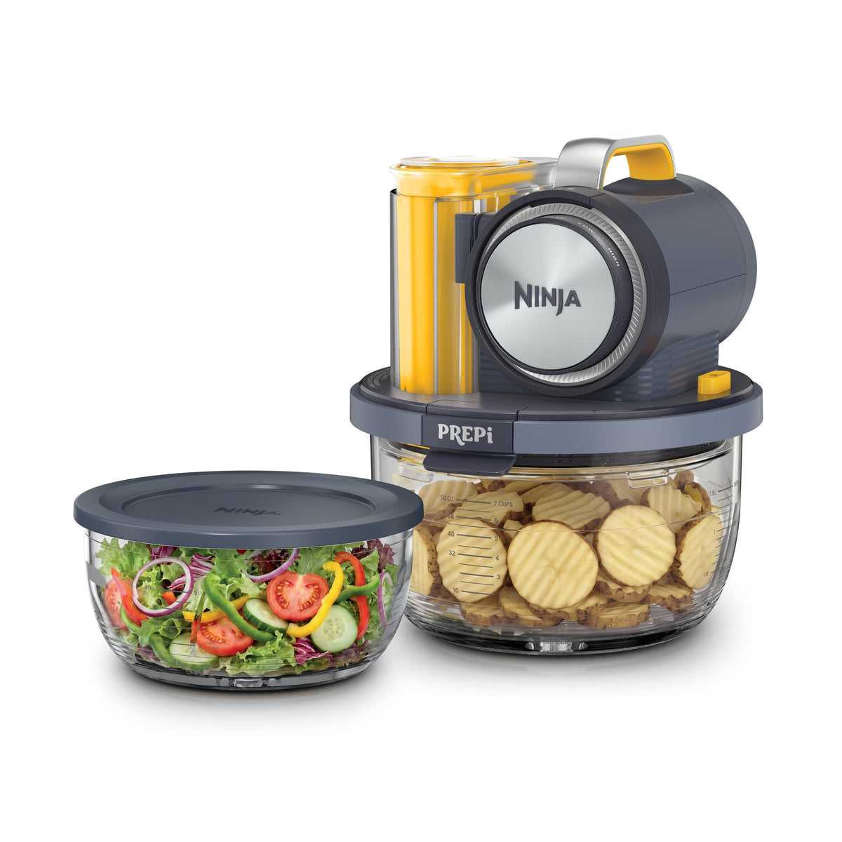Ninja - PREPi™ Precision Powered Prep and Store System, 5-in-1 Crinkle, Slice, Shred, and More, (2) Bowls, Food Processor - Midnight Blue & Mango