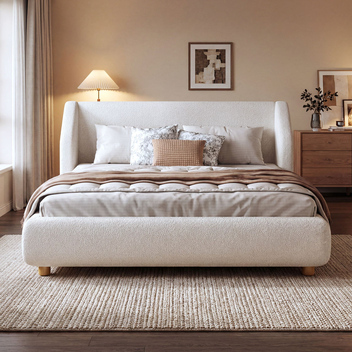 Base de cama tapizada moderna con cabecero con alas