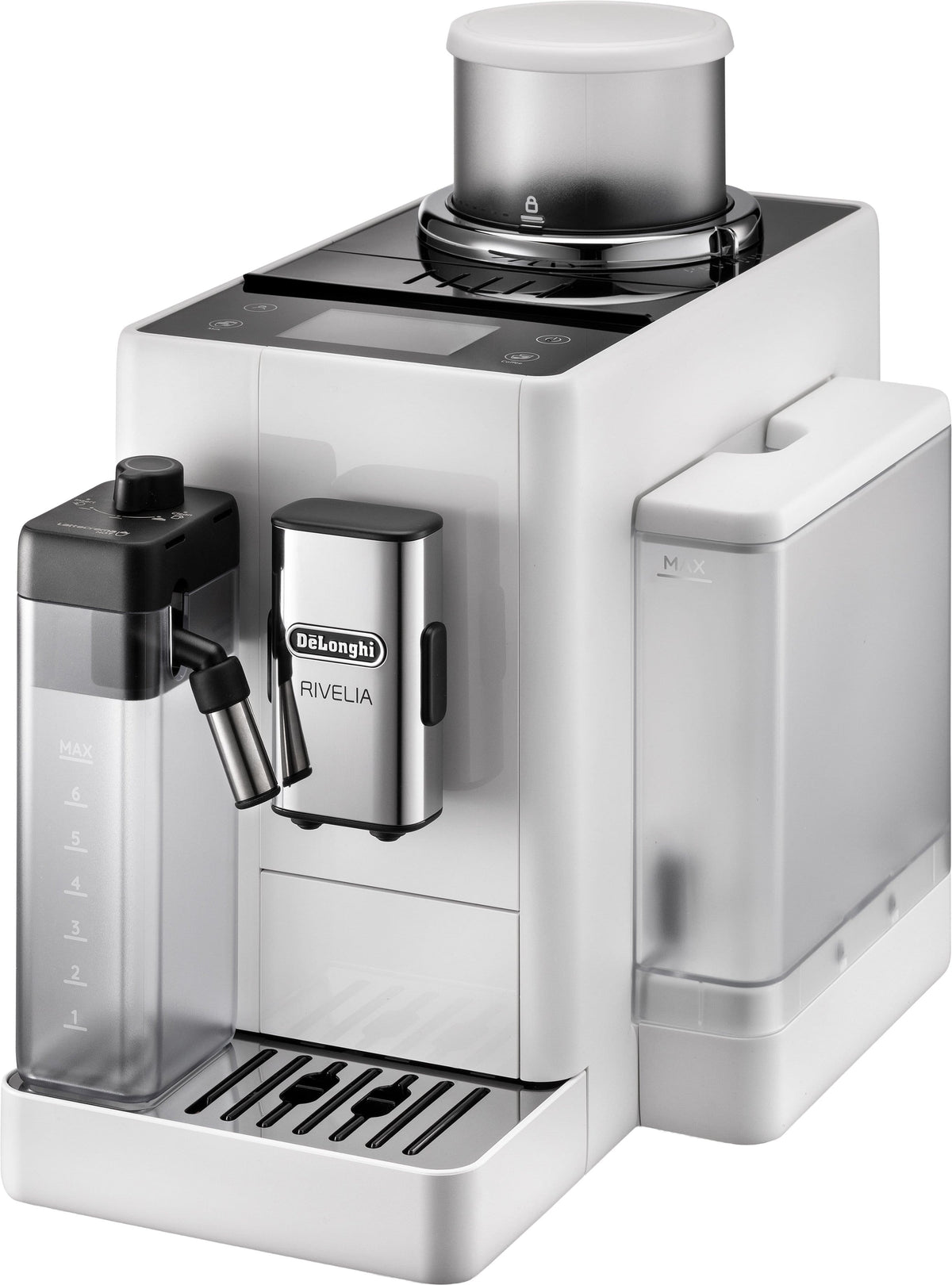 De'Longhi - Rivelia Fully Automatic Espresso Machine, Integrated Grinder, 2 Removable Bean Hoppers, Automatic Milk Frother - Arctic White