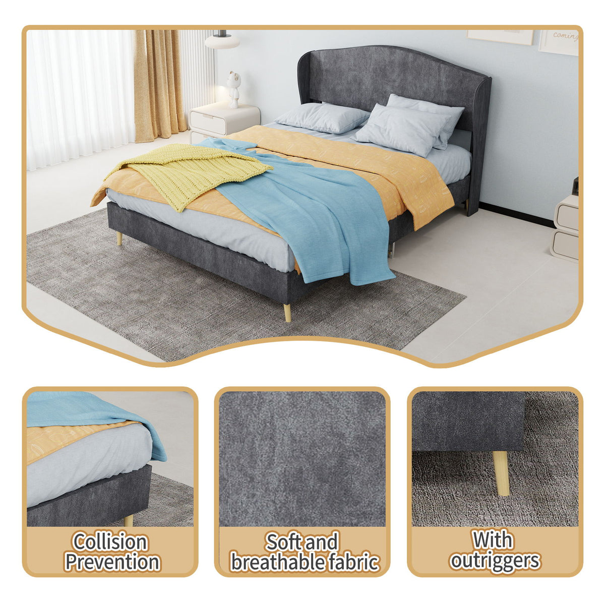 Cama tapizada, cabecero capitoné, sueño confortable