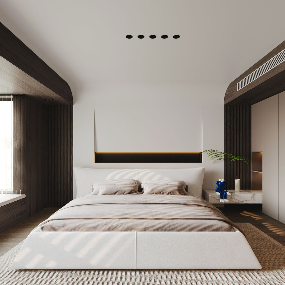 Upholstered Platform Bed With Special Shaped Headboard