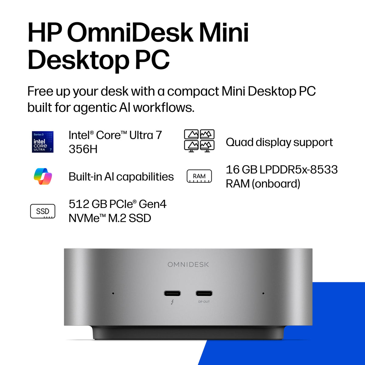 HP - OmniDesk Mini PC with Quad Display Support - Intel Core Ultra 7 356H - 16GB Memory - 512GB SSD - Smoke Silver