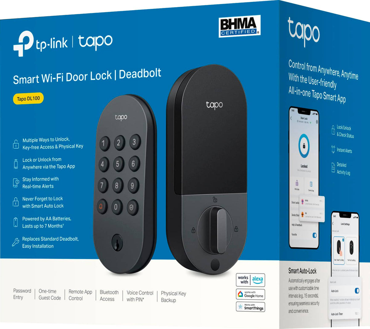 TP-Link - Tapo DL100 Smart Wi-Fi Deadbolt Door Lock – Keyless Tactile Buttons, App-Controlled Custom Access, Fits Standard Doors - Black