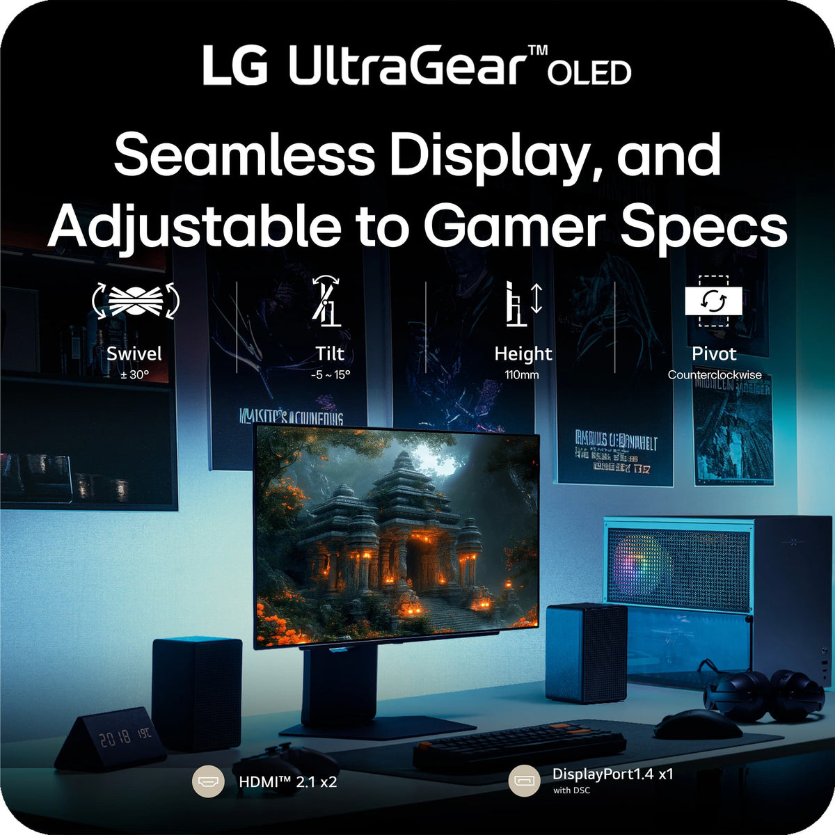 LG - UltraGear 27" OLED QHD 280Hz 0.03ms G-Sync and FreeSync Premium Pro Gaming Monitor with HDR500 (HDMI x2, DP, USB-A) - Black