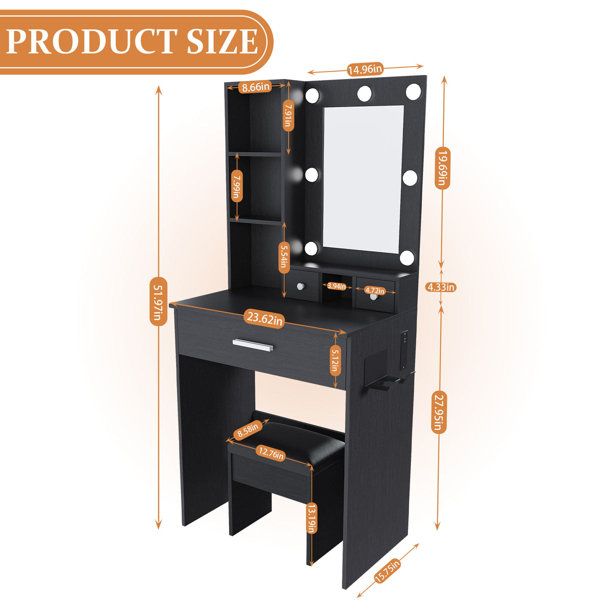 Vanity Table With Mirror, Adjustable LED Lights, Power Outlet, Hairdryer Holder & Stool
