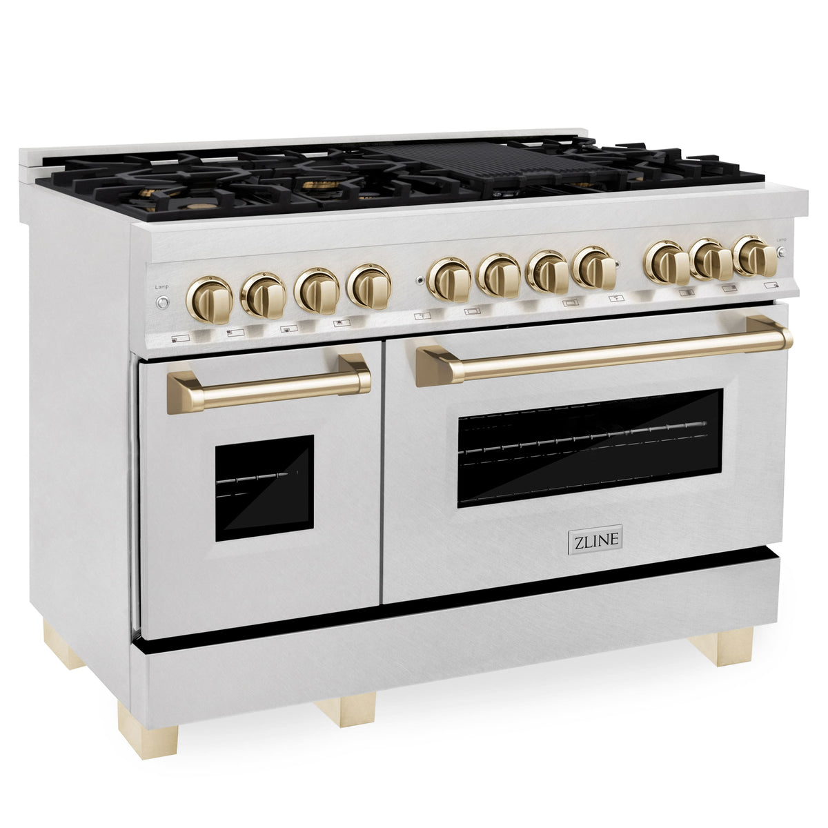 48 in. Wide 8 Burner ZLINE Autograph Legacy Dual Fuel Range in Satin Steel & Gold Accents (RASZ-SN-48-G) - Stainless Steel