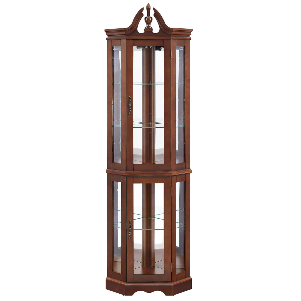 Corner Curio Cabinet With Lights, Adjustable Tempered Glass Shelves, Display Cabinet (E26 Light Bulb Not Included) - Mirrored / Walnut