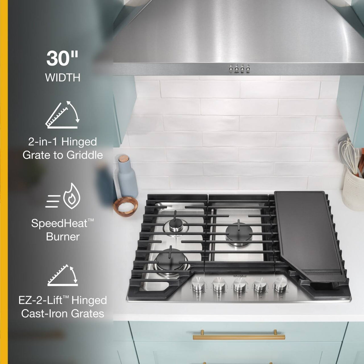 Whirlpool - 30 in. Wide 5 burners Built-In Gas Cooktop with EZ-2-Lift Hinged Cast-Iron Grates and Griddle - Stainless Steel