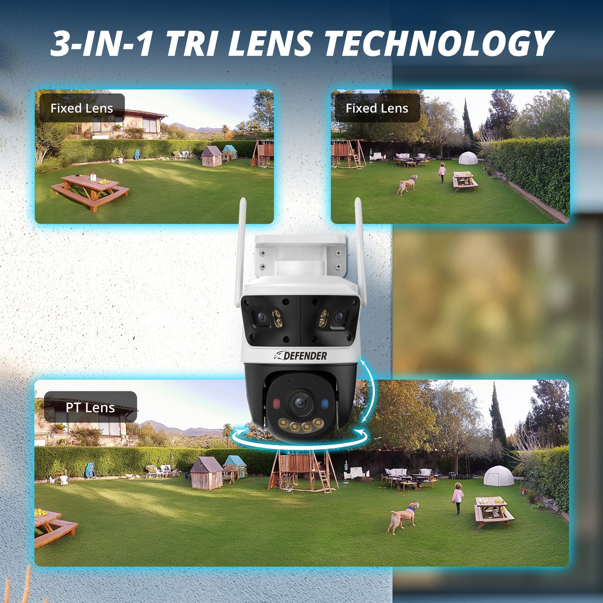 Defender - AI 3K+ Guard Tri-Lens PTZ WIFI Plug-in Security Camera, 360° Tracking, AI Detection, Works w/ Guard App - White