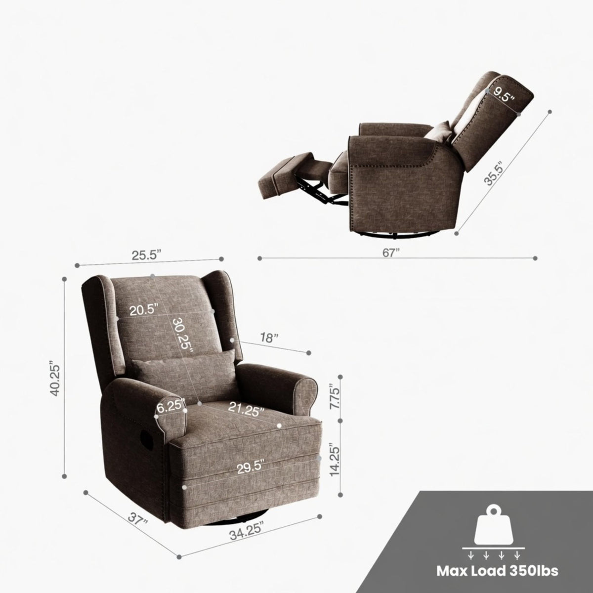Sillón reclinable giratorio extra ancho con reposapiés - Marrón