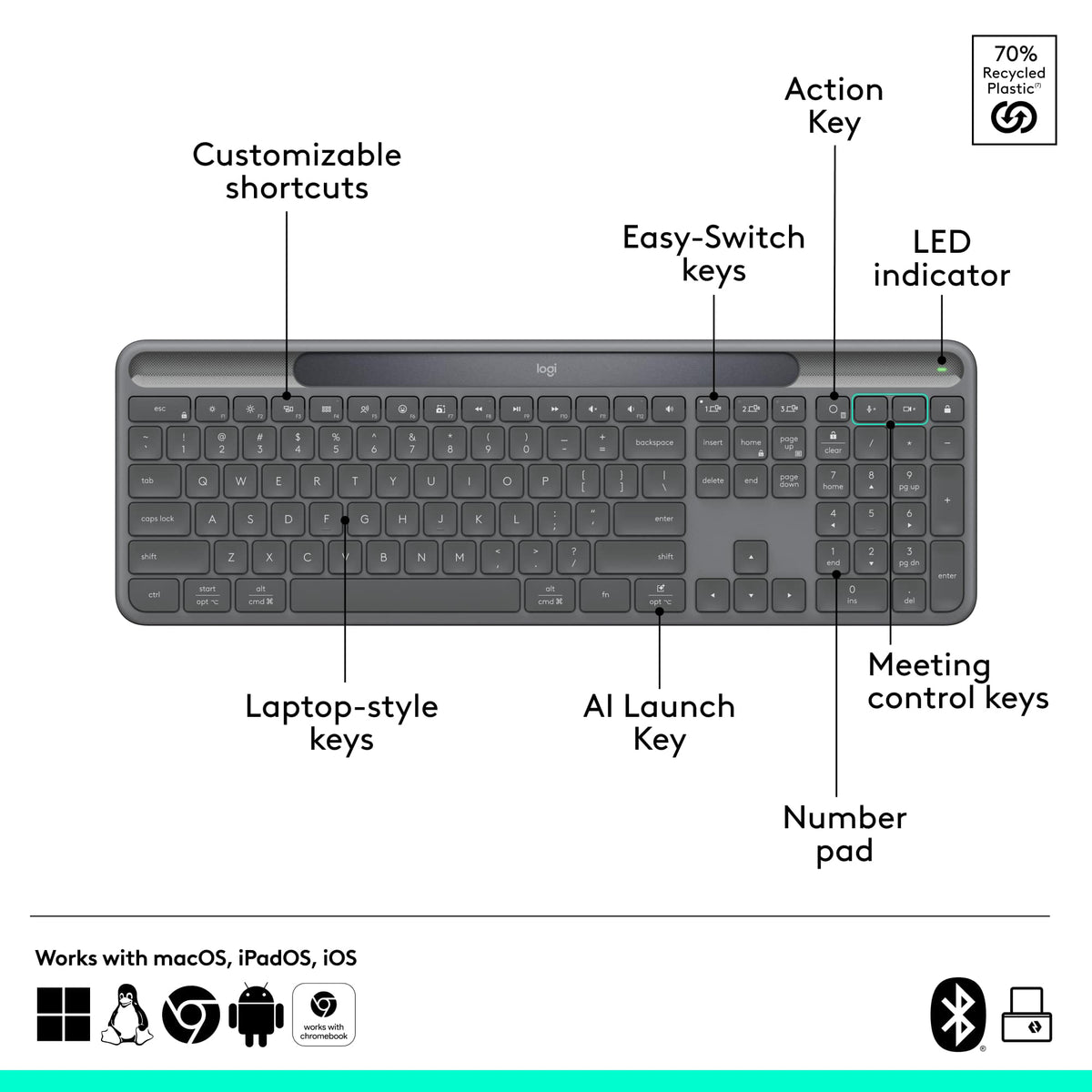 Logitech - Signature Slim Solar+ K980 For Business Full-Size Wireless Scissor Low-Profile Switch Keyboard with Solar Charging - Graphite