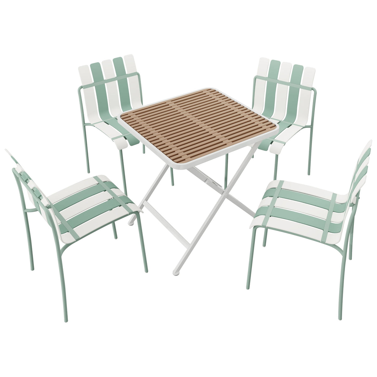 Juego de 4 sillas individuales con diseño de bloques de color y mesa cuadrada plegable - Verde neblina / Caqui / Blanco