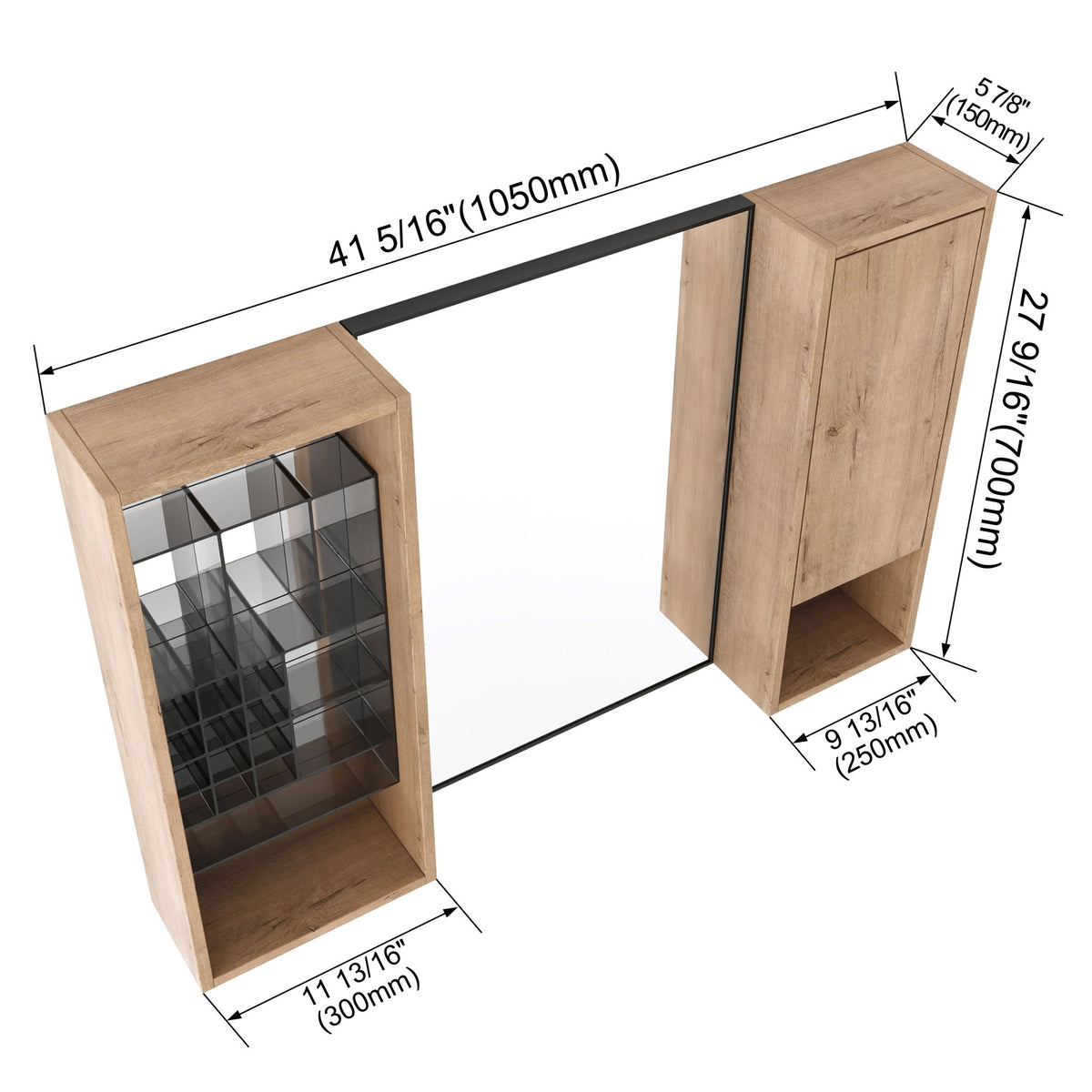 Armario de pared de 41.3" con almacenamiento, botiquín con puerta y estantes ajustables - Roble imitación