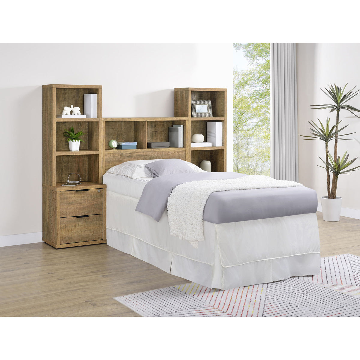 Geary - Set de dormitorio de 3 piezas con cabecero con estantería