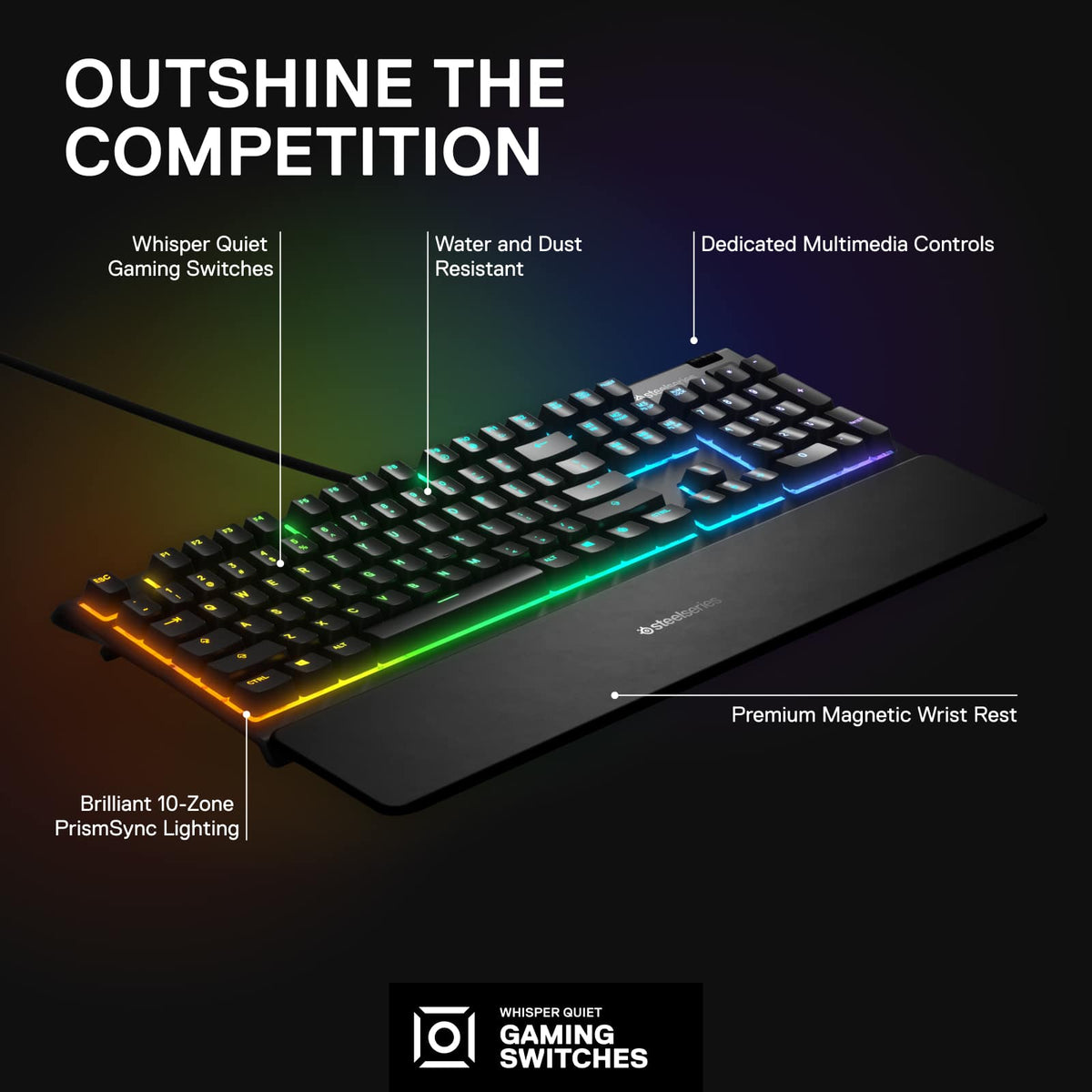 SteelSeries - Apex 3 Full Size Wired Membrane Whisper Quiet Switch Gaming Keyboard with 10 zone RGB Backlighting - Black