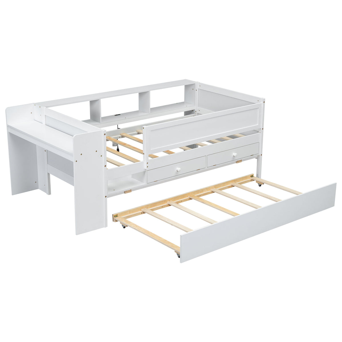 Twin Daybed With Drawers, Trundle, Headboard Storage, Study Desk, And USB Charging Station - White