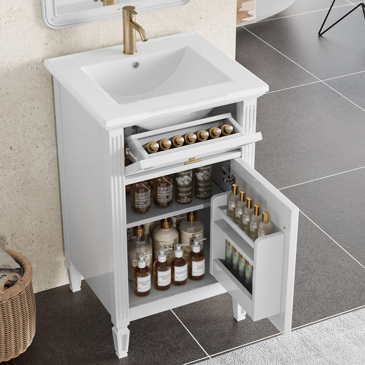 Tocador de baño con lavabo, estante ajustable y cajón abatible