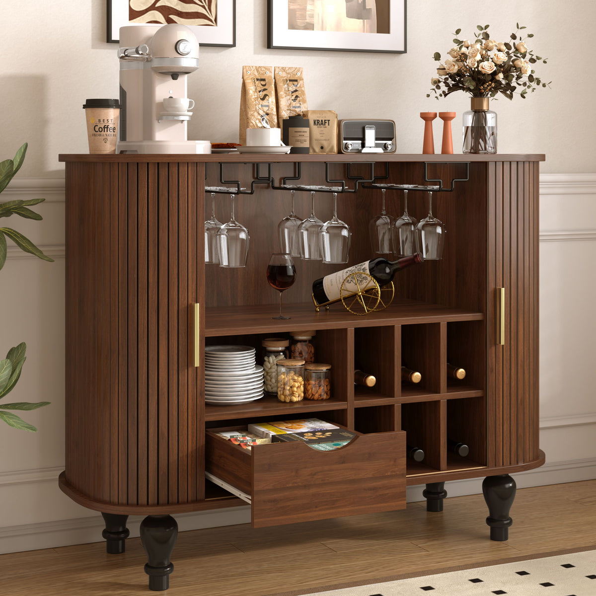 Mueble bar estriado para licores y café con 6 botelleros y 3 soportes para copas