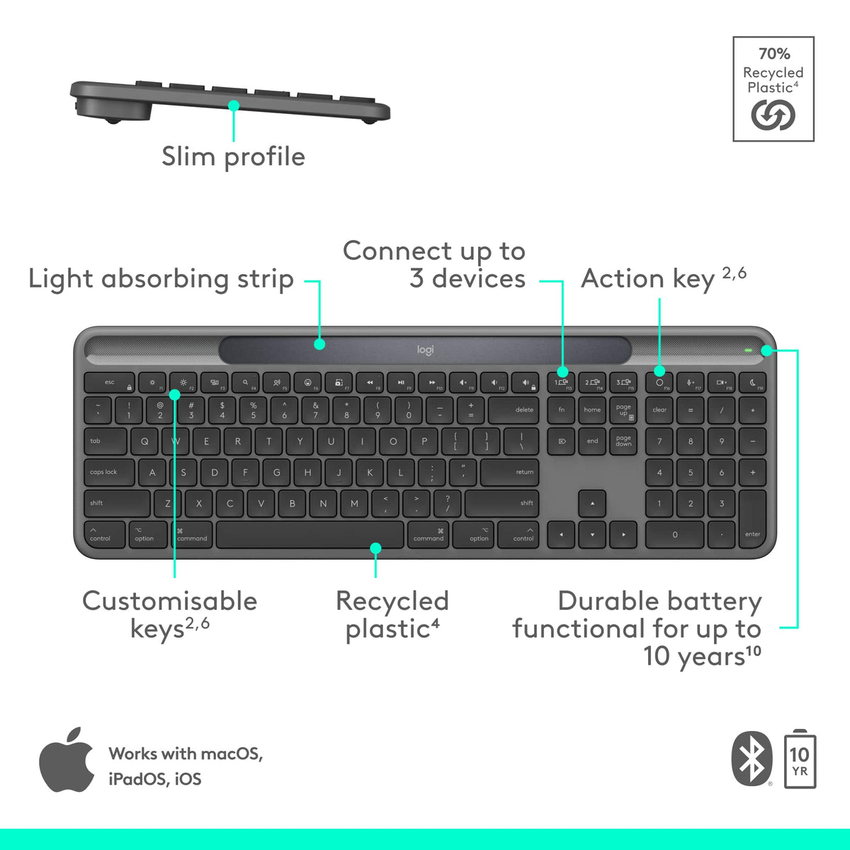 Logitech - Signature Slim Solar+ K980 for Mac Wireless Bluetooth Solar and Artificial Light Powered Keyboard with Customizable Keys - Graphite