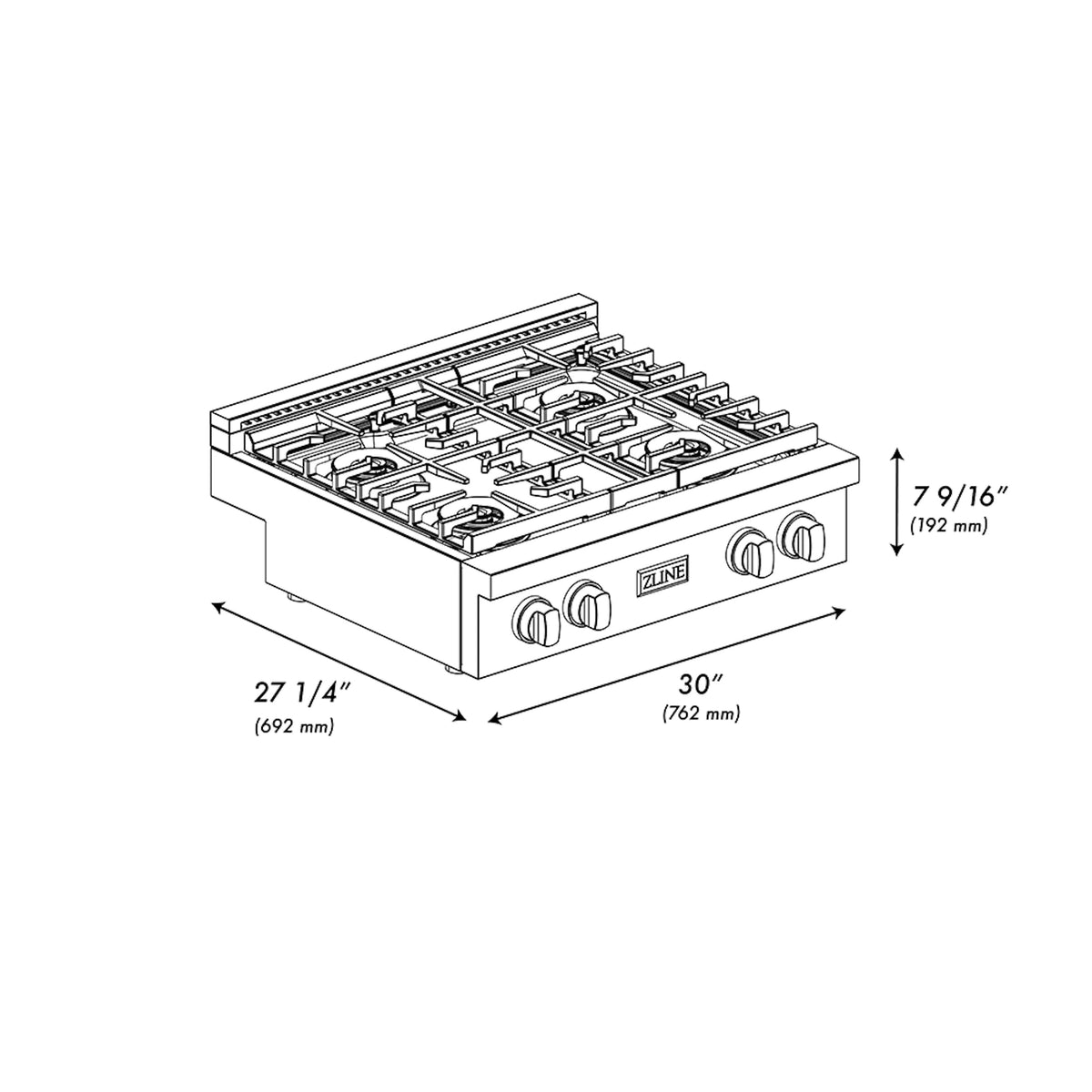 ZLINE - 30 in. Wide 4 Burner Paramount Gas Rangetop DuoPro Cooktop in Black Satin Stainless Steel (PSRTBS-30) - Black Satin Stainless Steel