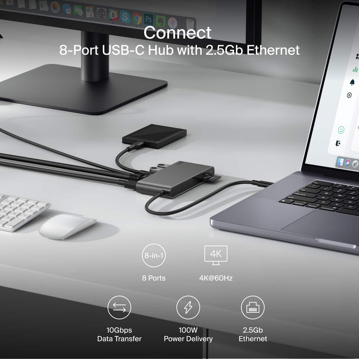 Belkin - 8-Port Hub w/ 4K HDMI Display @ 60Hz, 100W Power Delivery, Fast Data Transfer 10Gbps, USB-C Multiport Adapter - Space Gray