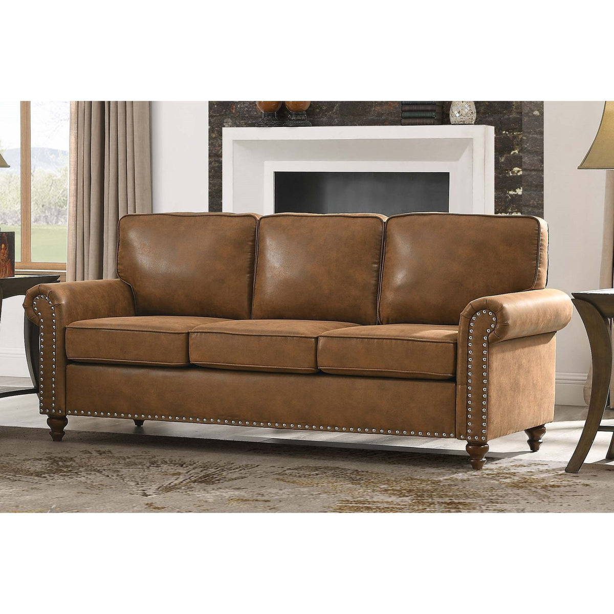 Sofá con brazos enrollados y remaches decorativos - Marrón