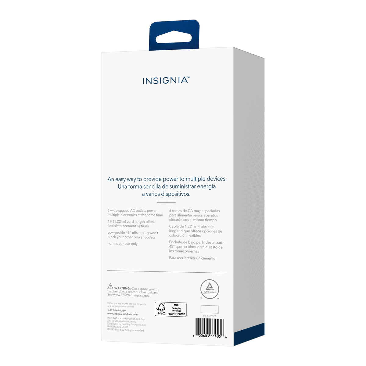 Insignia™ - 4’ 6 Outlet Power Strip with Power Switch - White