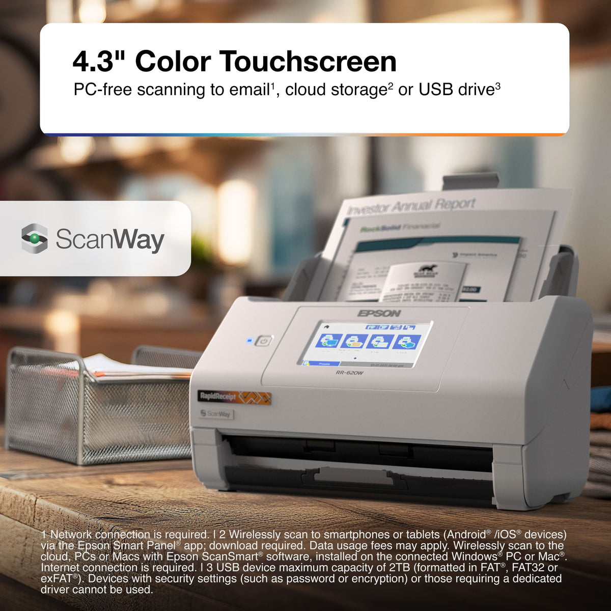 Epson - RapidReceipt RR-620W Wireless & USB High-Speed AI & Cloud Ready Desktop Color Duplex Receipt & Document Scanner - White