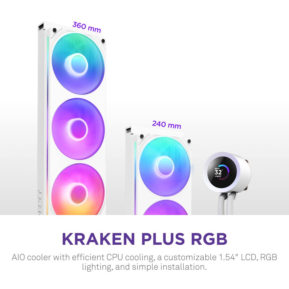 NZXT - Kraken Plus RGB 240mm Radiator CPU Liquid Cooler (1 x F240 RGB Core single-frame fan) with 1.54" Square LCD - White