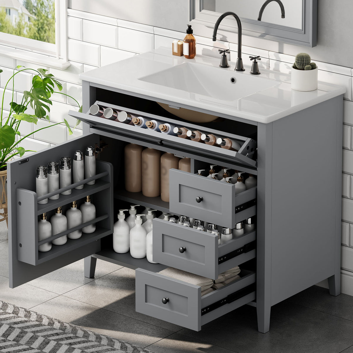 Tocador de baño con lavabo, mueble con 3 cajones y estante ajustable
