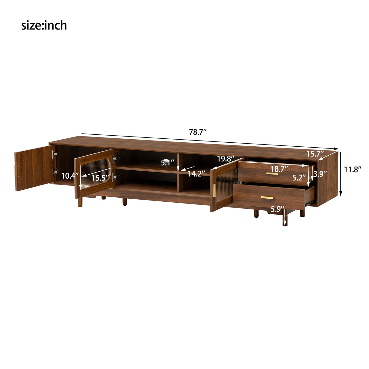 Mueble de TV moderno con puertas de cristal estriado y 2 cajones