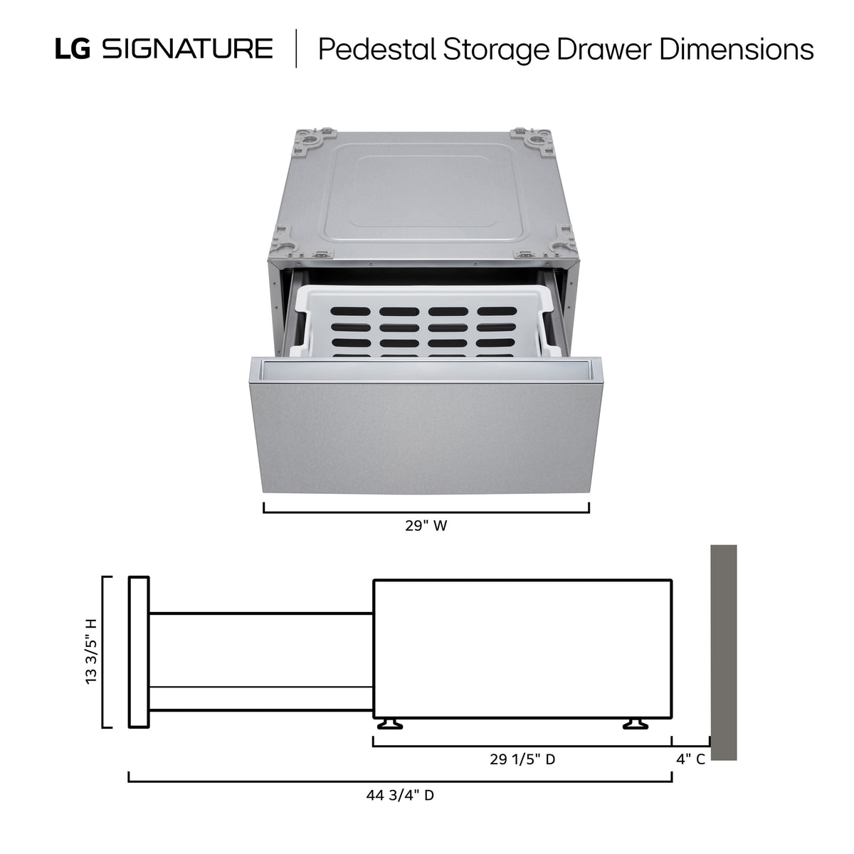 SIGNATURE 29-in Wide Laundry Pedestal with Storage Drawer for select LG Stackable Washers and Dryers - Brushed Platinum Steel