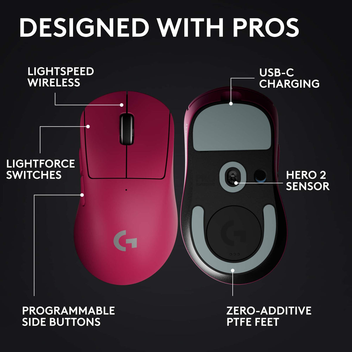 Logitech - PRO X Superlight 2 DEX Lightweight Wireless Optical HERO 2 Sensor 44 000 DPI Gaming Mouse with 5 Programmable Buttons - Wireless - Magenta